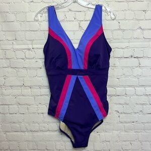 Swimsuits for All V Neck Colorblock One Piece Swimsuit